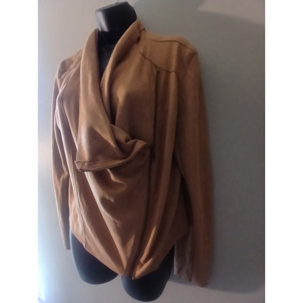 Mod Ref Tan Faux Suede Draped Asymmetrical Zip Front Jacket Womens Large - Picture 5 of 9
